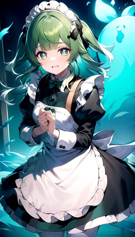 (Maid dress:1.5), masterpiece, best quality, Green hair, flat, <lyco:huohuo:1.0>