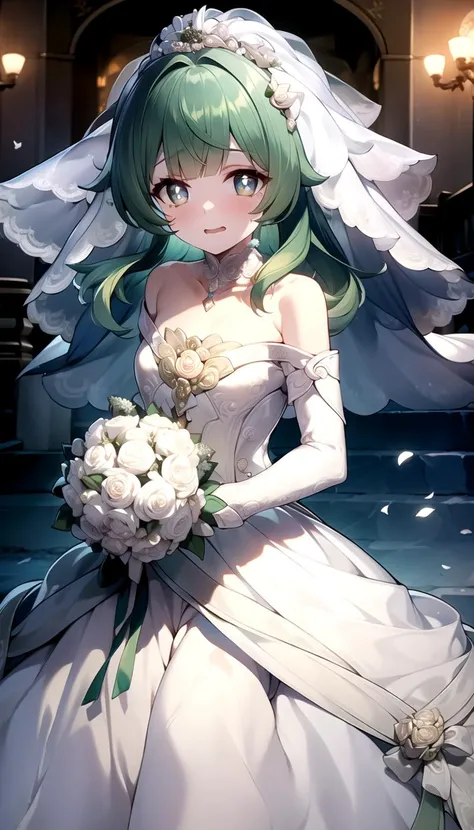 (Wedding dress:1.5), masterpiece, best quality, Green hair, flat, <lyco:huohuo:1.0>