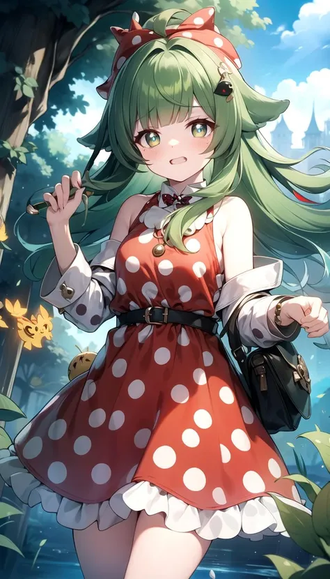 Green hair, (Red polka dot dress:1.5), masterpiece, best quality, <lyco:huohuo:0.8>