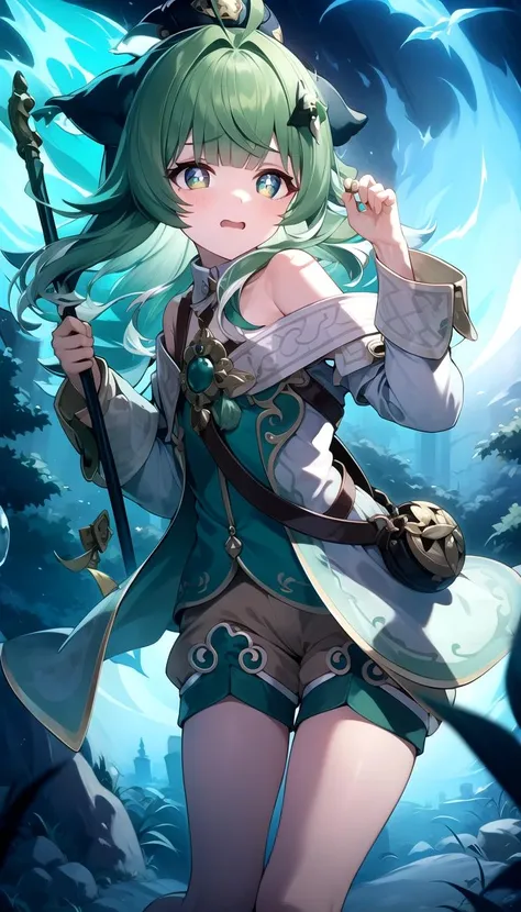 masterpiece, best quality, Green hair, flat, <lyco:huohuo:1.0>