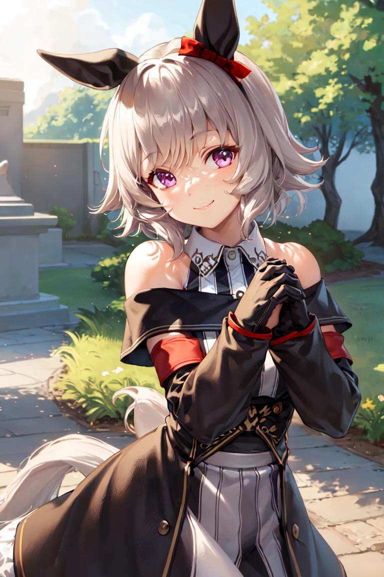 masterpiece, best quality,
curren chan \(umamusume\), smile, park,
vertical-striped dress, bare shoulders, off shoulder, closed mouth, long sleeves, collared dress, gloves, own hands together,
cowboy shot,
<lora:curren_chan_lora:0.7>