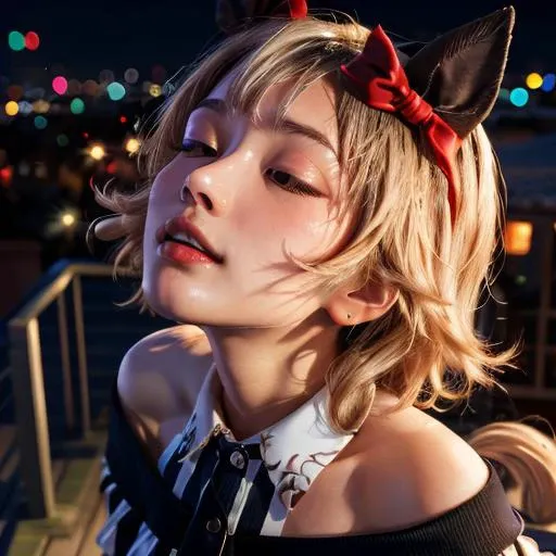 masterpiece, best quality, close up, looking at viewer, looking up, from above,
curren chan \(umamusume\), close both eyes, kiss to viewer, night, park,
vertical-striped dress, bare shoulders, off shoulder, closed mouth, long sleeves, collared dress, gloves,
<lora:curren_chan_lora:0.7>