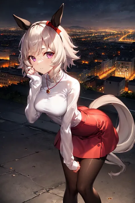 masterpiece, best quality,
curren chan \(umamusume\), closed mouth, looking at viewer, hands on chin,
jewelry, white shirt, white long sleeves, necklace, red skirt, sleeves past wrists, black pantyhose,
full body, night, cityscape, neon, buildings, leaning forward,
<lora:curren_chan_lora:0.7>