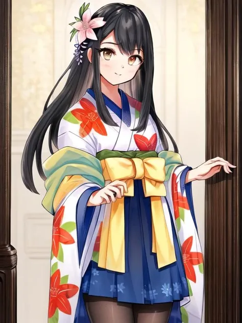 1girl, west shot,standing,
black hair, straight hair, hair ornament,pantyhose,japanese clothes, long skirt,floral print, <lora:Ashikaga_school_v1:0.8>, <lora:flatBG:-0.5> ,<lora:flat2:-0.5>,(dark light:1.2),(hyper extreme detailed),(masterpeace:0.5),(hyper extreme),(photorealistic),game cg,llustration,novel illustration,beautiful lighting,light from the front,good_hands,beautiful art ,BREAK, <lyco:GoodHands-beta2:1.2>,(good hand,nice hands, perfect hands:1.3),(five finger:1.4),straight fingers,perfect fingers,beauty fingers,beauty hand,