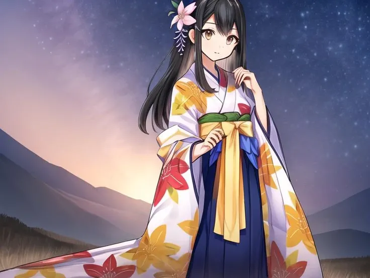 1girl, west shot,standing,
black hair, straight hair, hair ornament,pantyhose,white kimono,hakama skirt, long skirt,floral print,navy blue skirt,  <lora:Ashikaga_school_v1:0.8>, <lora:flatBG:-0.5> ,<lora:flat2:-0.5>,(dark light:1.2),(hyper extreme detailed),(masterpeace:0.5),(hyper extreme),(photorealistic),game cg,llustration,novel illustration,beautiful lighting,light from the front,good_hands,beautiful art ,BREAK, <lyco:GoodHands-beta2:1.2>,(good hand,nice hands, perfect hands:1.3),(five finger:1.4),straight fingers,perfect fingers,beauty fingers,beauty  hand,