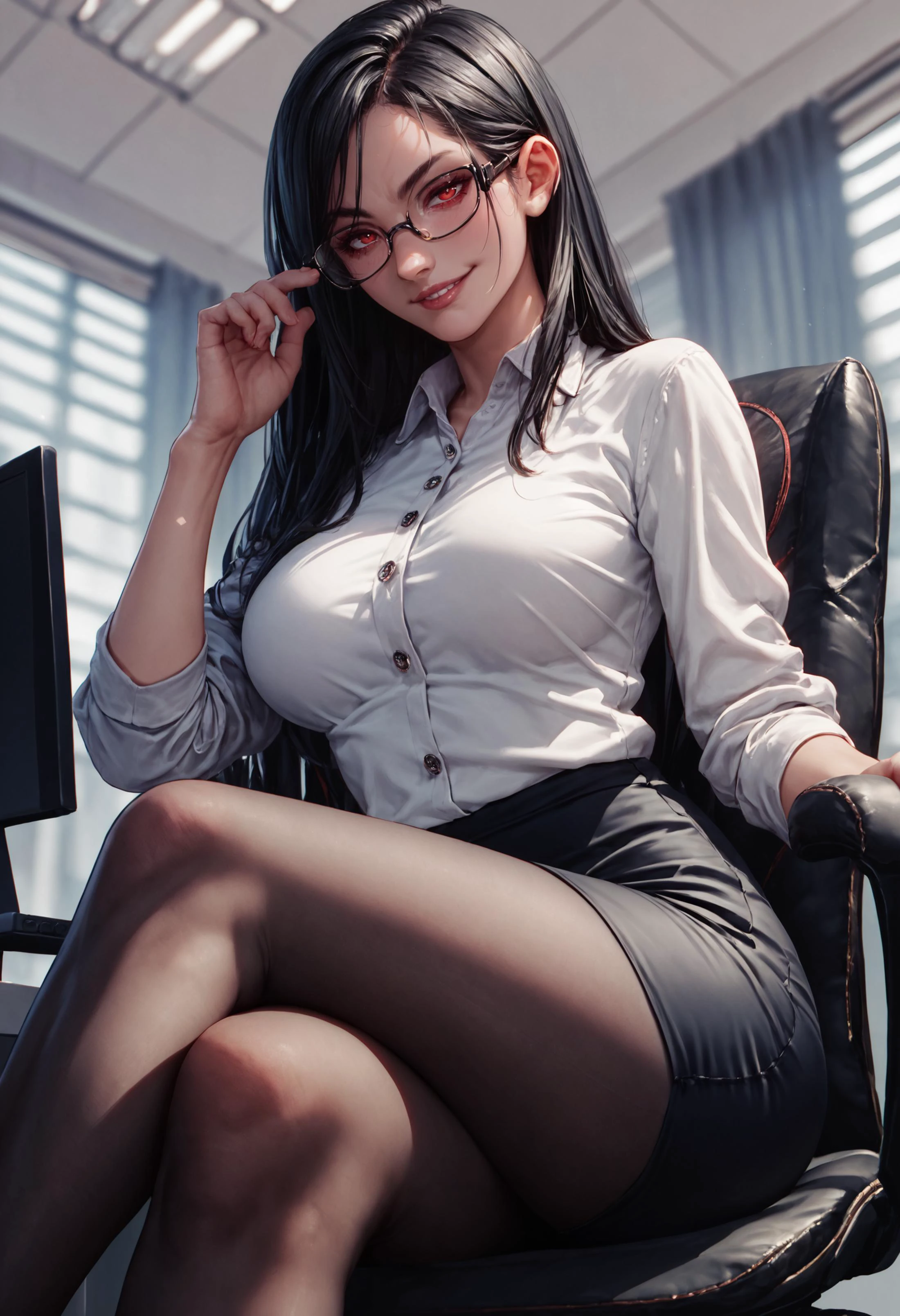 score_9, score_8_up, score_7_up, score_6_up, detailed, 1girl, red eyes, black hair, long hair, office lady, black pantyhose, sitting, office, crossed legs, seductive smile, shirt, pencil skirt, computer, glasses, hand on eyewear, looking over eyewear