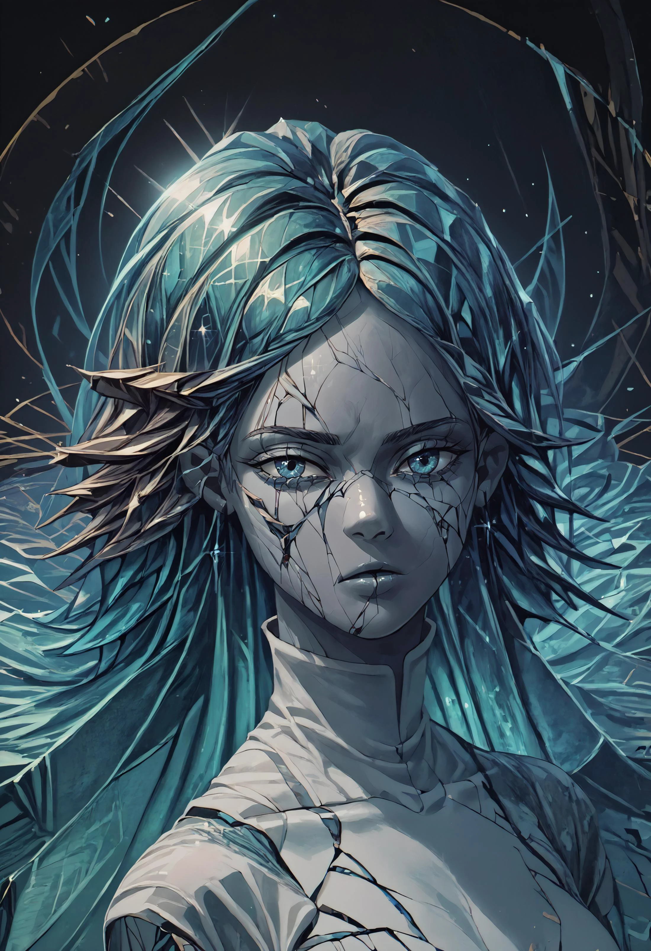 score_9, score_8_up, score_7_up, score_6_up, detailed, 1girl, <lora:CrystalHair_XLPD:1.4>, incrsxlcrystalhair, crystal hair, shiny hair, looking at viewer, abstract, cracked skin, crack,