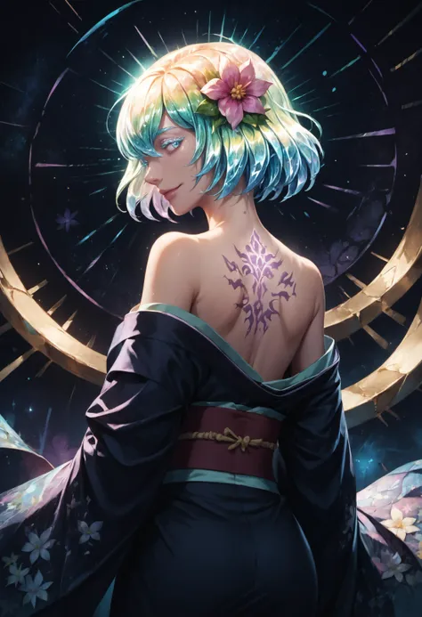 score_9, score_8_up, score_7_up, score_6_up, detailed, <lora:Hoseki_HousekiNoKuni_Diamond_PDXL_v1:1>, hskdmnd, crystal hair, colored eyelashes, multicolored hair, short hair, kimono, floral print, hair flower, sash, off shoulder, back, shoulder blades, from behind, looking back, smile, ethereal lighting, purple, nighttime, darkness, surreal art, fantasy, glowing, night, (dark environment), back tattoo,  abstract, abstract background, cosmos \(flower\), cosmos,