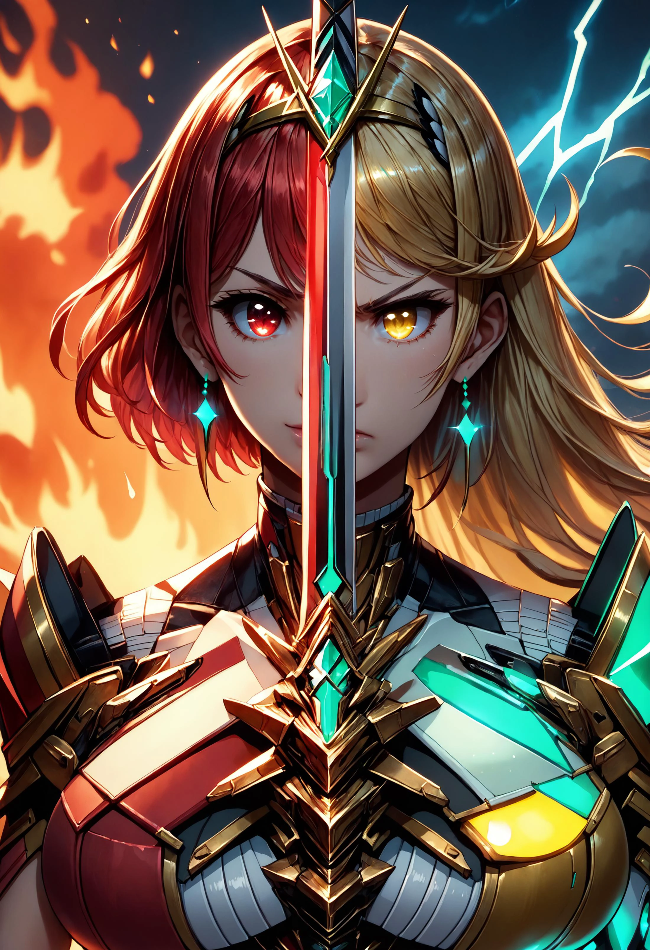 score_9, score_8_up, score_7_up, score_6_up, detailed, 1girl, swordup, looking at viewer, close-up, sword, holding sword, <lora:swordup-pose-richy-v1_pdxl:0.5>, dark enviroment, night, epic,
BREAK pyra \(xenoblade\), red eyes, red hair, short hair, fire, seductive smile, red armor,
BREAK mythra \(xenoblade\), blonde hair, yellow eyes, long hair, lightning, electricity, angry, yellow armor,