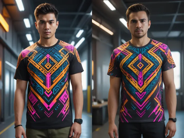 a <lora:RMSDXL_Photo:3> incredible futuristic t-shirt design, neon tribal pattern, post-processing, de-noise, ultra realistic, unreal engine
