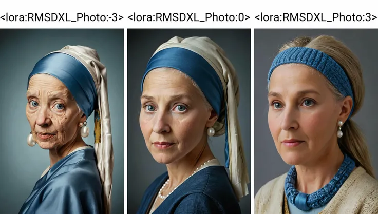 a <lora:RMSDXL_Photo:-3> ((grandmother old woman)) "Girl with a pearl earring" blue headband