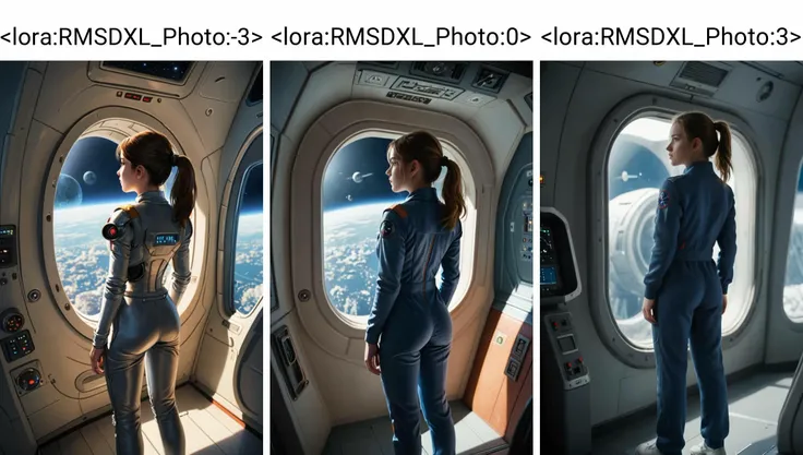 a <lora:RMSDXL_Photo:-3> girl in a jumpsuit looking at the window of a space ship