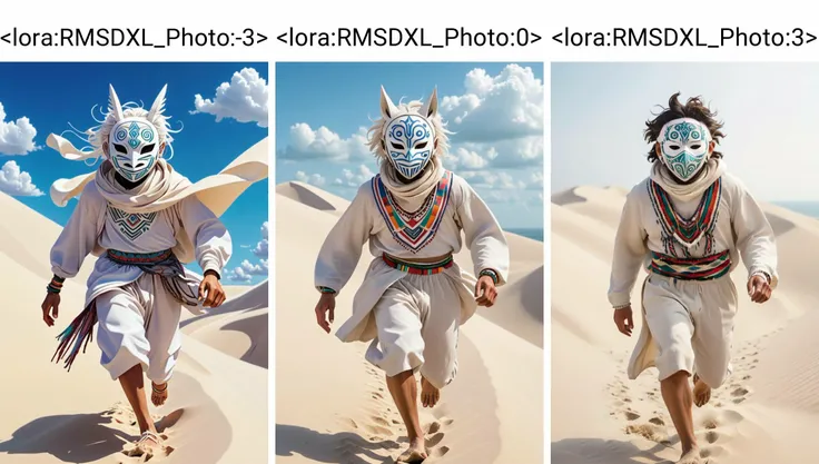 a <lora:RMSDXL_Photo:-3> a man running looking at the camera in top of a white sandy dune, wearing a white tribal mask and white oversized clothes, intricate tribal details, dreamy, colorful, bright colors, futuristic, anime style, studio ghibli::2
