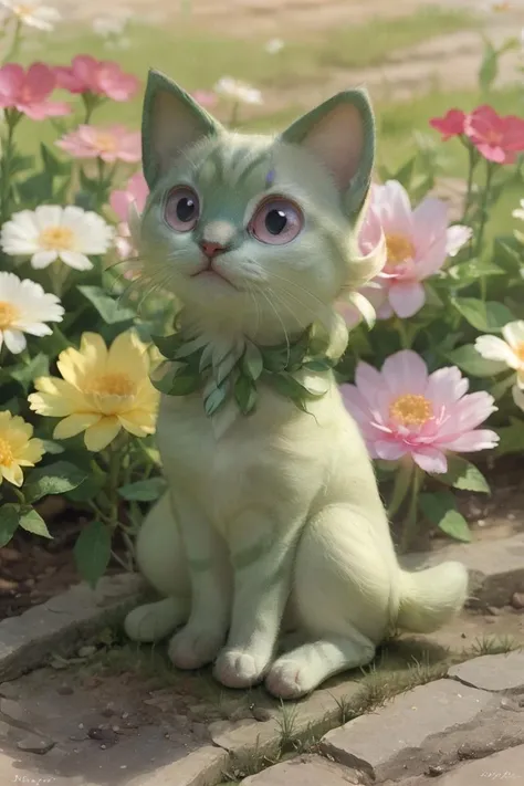 <lora:Sprigatito:1>, xinyemiao, kitten in the garden, realistic, flowers, herbs, sunrays, professional photography, masterpiece, close up, extremely detailed