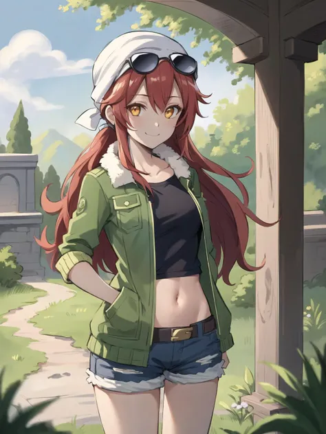 best quality, (masterpiece:1.2), illustration, absurdres,
(1girl, solo), (beautiful detailed girl), cowboy shot,
<lora:Jingo-08:0.8>, Jingo, long hair, red hair, messy hair, sidelocks, orange eyes, small breasts, short, young, (sunglasses on hair:1.1), white bandana, green jacket, open jacket, cutoffs, crop top, navel, fur lined shorts, jean shorts, brown boots, smug,, smile, looking at viewer,
magical forest, flowers, fairy ring, glowing plants, ancient ruins, stone ruins, sky, clouds