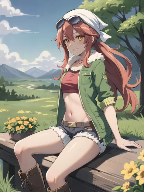 best quality, (masterpiece:1.2), illustration, absurdres,
(1girl, solo), (beautiful detailed girl),
particles, enchanting, magical, magic,
<lora:Jingo-08:0.8>, Jingo, long hair, red hair, messy hair, sidelocks, orange eyes, small breasts, short, young, (sunglasses on hair:1.1), white bandana, green jacket, open jacket, cutoffs, crop top, navel, fur lined shorts, jean shorts, brown boots, smug,
magical forest, flowers, distant mountains, sky, clouds
(looking at viewer, proud, (smile:0.8))