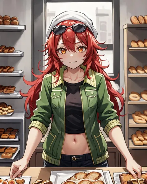 best quality, (masterpiece:1.2), illustration, absurdres,
(1girl, solo), (beautiful detailed girl),
<lora:Jingo-06:0.7>, Jingo, long hair, red hair, messy hair, sidelocks, orange eyes, small breasts, short, young,
(sunglasses on hair:1.1), white bandana,
green jacket, open jacket, cutoffs, red crop top, black undershirt, navel,
((inside intricate detailed bakery)), bread, pastries, table, store, shop,, on side,
looking at viewer, smug, proud, confident,