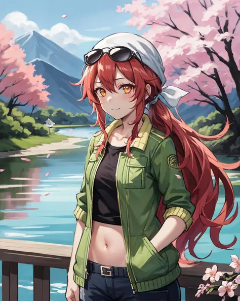 best quality, (masterpiece:1.2), illustration, absurdres,
(1girl, solo), (beautiful detailed girl),
<lora:Jingo-06:0.7>, Jingo, long hair, red hair, messy hair, sidelocks, orange eyes, small breasts, short, young,
(sunglasses on hair:1.1), white bandana,
green jacket, open jacket, cutoffs, red crop top, black undershirt, navel,
distant mountains, cherry trees, cherry blossom, petals, japanese architecture, river,, standing,
looking at viewer, smug, proud, confident,