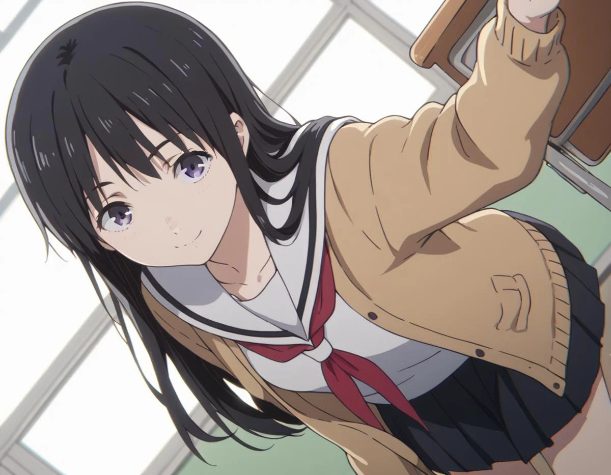score_9, score_8_up, score_7_up, source_anime,
naokaueno, <lora:naoka-ueno-movie-ponyxl-lora-nochekaiser:1>,
naoka ueno, long hair, bangs, black hair, purple eyes,
school uniform, serafuku, cardigan, sailor collar, skirt, black skirt, pleated, neckerchief, red neckerchief, open clothes,
indoors, classroom, smile, bent over,
looking at viewer, solo, cowboy shot, dutch angle,
