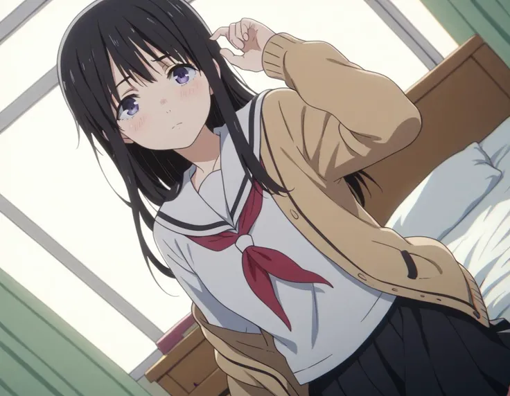 score_9, score_8_up, score_7_up, source_anime,
naokaueno, <lora:naoka-ueno-movie-ponyxl-lora-nochekaiser:1>,
naoka ueno, long hair, bangs, black hair, purple eyes,
school uniform, serafuku, cardigan, sailor collar, skirt, black skirt, pleated, neckerchief, red neckerchief, open clothes,
indoors, bed, bed room, on side, blush, drunk,
looking at viewer, solo, cowboy shot, dutch angle,