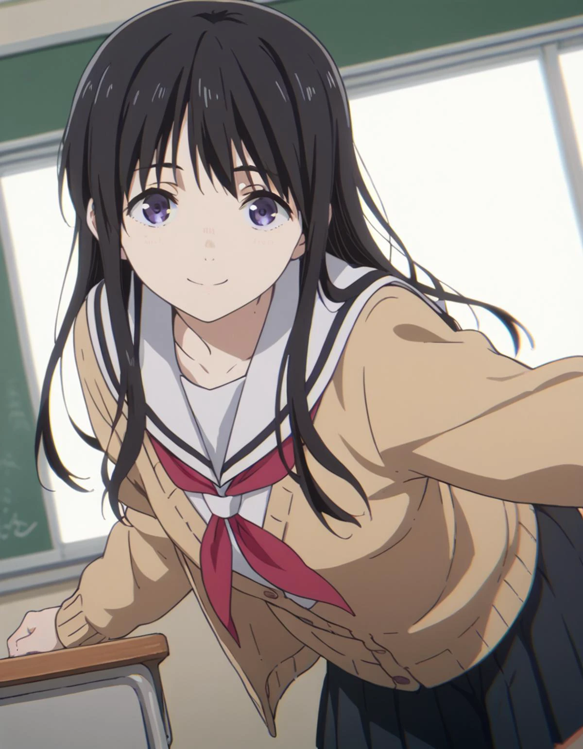 score_9, score_8_up, score_7_up, source_anime,
naokaueno, <lora:naoka-ueno-movie-ponyxl-lora-nochekaiser:1>,
naoka ueno, long hair, bangs, black hair, purple eyes,
school uniform, serafuku, cardigan, sailor collar, skirt, black skirt, pleated, neckerchief, red neckerchief,
indoors, classroom, smile, bent over,
looking at viewer, solo, cowboy shot, dutch angle,