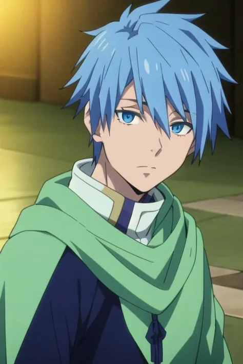 masterpiece, best quality, game cg, 1boy, solo, male focus, looking at viewer, upper body, depth of field, <lora:dino_tensei_shitara:0.70>, dino_tensei_shitara, blue hair, blue eyes,