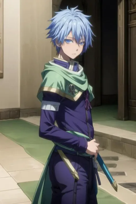 masterpiece, best quality, game cg, 1boy, solo, male focus, looking at viewer, , , <lora:dino_tensei_shitara:0.74>, dino_tensei_shitara, blue hair, blue eyes, , king costume, The Valley of the Damned, 2k resolution