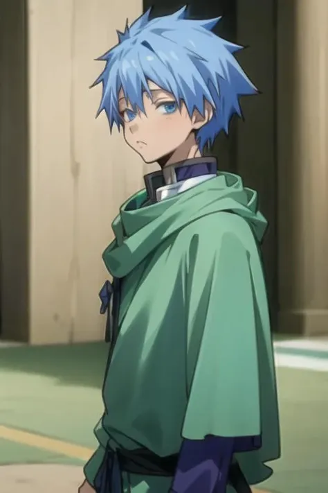 masterpiece, best quality, game cg, 1boy, solo, male focus, looking at viewer, , depth of field, <lora:dino_tensei_shitara:0.72>, dino_tensei_shitara, blue hair, blue eyes, , funny costume, The Castle of Shadows,