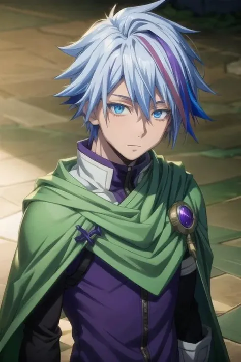 masterpiece, best quality, game cg, 1boy, solo, male focus, looking at viewer, upper body, , <lora:dino_tensei_shitara:0.70>, dino_tensei_shitara, blue hair, blue eyes, streaked hair, multicolor hair, purple hair, , , High definition