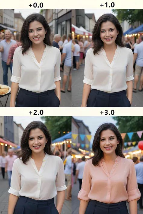 a portrait of a dark haired woman smiling at the camera, at a street party, wearing a blouse and slacks, realistic, photograph, 4k, <lora:SashaXL:1> <lora:festive:1>