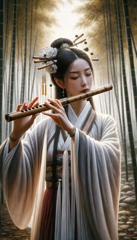 A hyper-realistic full-body portrait of a Chinese woman in ancient Hanfu attire,depicted with an emphasis on realism. She is actively playing a traditional Chinese flute (dizi),which is a keyless flute with only holes,held horizontally to her mouth. This vertical 9:16 aspect ratio painting features a tranquil bamboo forest in the background,blending traditional Chinese art elements from the Song and Ming dynasties with modern hyper-realism. The hands holding the flute are rendered with further perfection,enhancing the overall realism. The color palette includes soft golds,whites,and deep reds,reminiscent of a 35mm film photograph with bokeh effects,highly detailed and vivid,without any calligraphy characters.,<lora:panmin_test02_v1.0:0.7>,<lora:beautiful_girl_ver2:0.1>,panmin,<lora:add-detail-xl:1>,<lora:xl_more_art-full_v1:0.4>,((closed mouth, )),<lora:fix_hands:1>,<lora:Perfect Hands v2:1>,Perfect Hands,closed mouth,