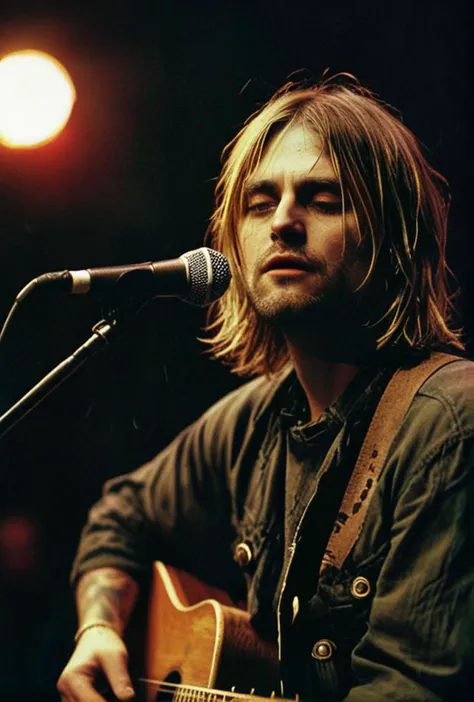 Dark moody Color photo (Kurt Cobain singing Nirvana live))(in the style of MTV)(deep blacks)(evocative depth of field)(absolute sharpness)
<lora:LCM-LoRA-XL_V1:0.21>
<lora:SDXLHighDetail_v5:0.3>
<lora:MJ52:.6>
<lora:JuggerCineXL2:.6>
<lora:long_hair:1.2>