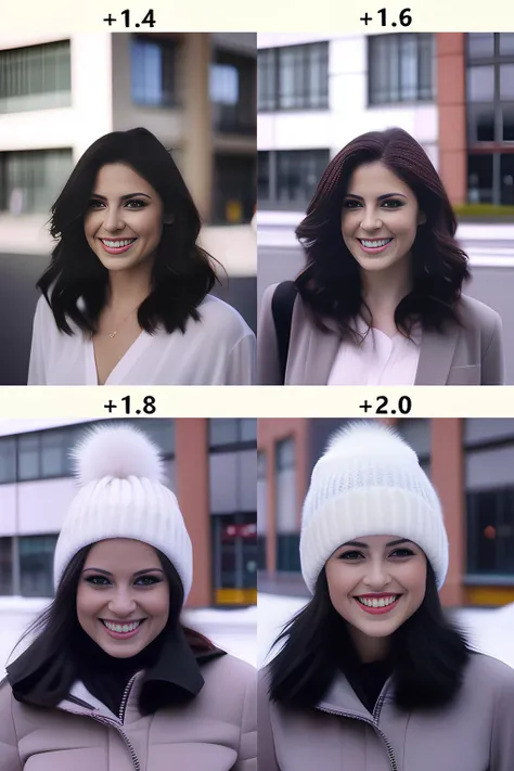 a portrait of a dark haired woman smiling at the camera, in the street, wearing a white blouse and black slacks, realistic, photograph, 4k,  <lora:SashaXL:1> <lora:winter_weather:1>