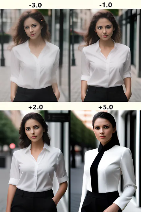 a portrait of a woman looking at the camera woman in street, wearing a white blouse and black slacks, realistic, photograph, 4k, <lora:SashaXL:1> <lora:professional:1>