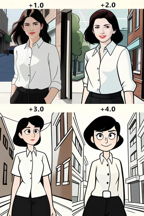 a dark haired white woman in street wearing a white blouse and black slacks looking at camera, <lora:SashaXL:1.0> <lora:cartoon_style:1>