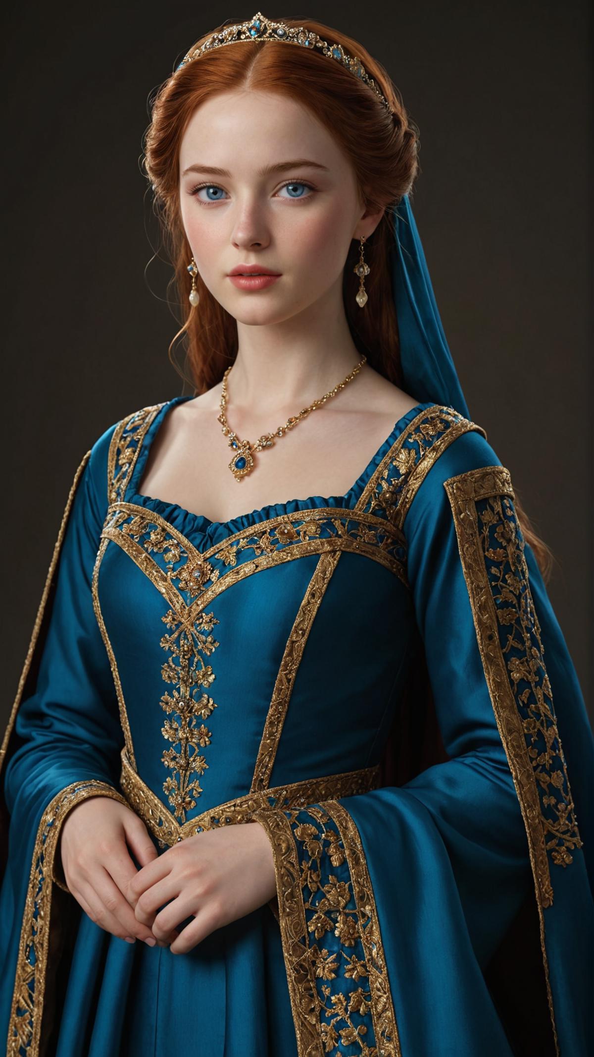 A woman in a blue dress and gold trimmings - SeaArt AI