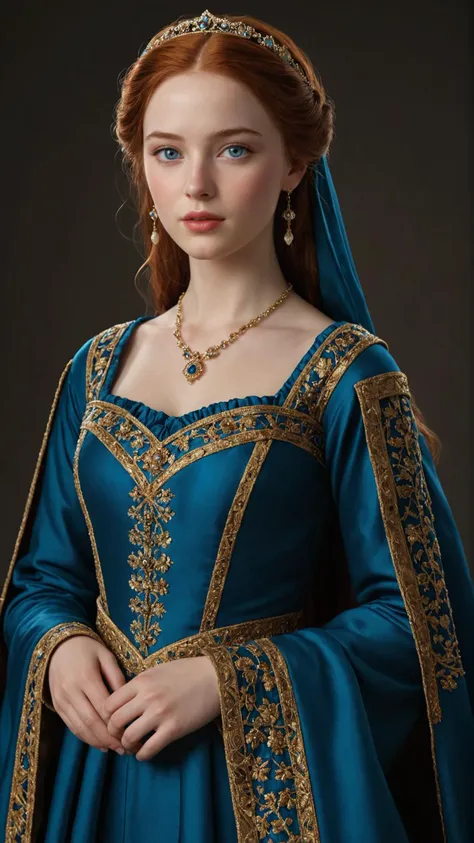 full body,A hyper-realistic digital illustration of a young woman,18 years old,with an enhanced sense of realism. She has pale skin,bright blue eyes,full lips,and high cheekbones,with full auburn hair styled in an early medieval fashion. Her dress is a luxurious early medieval garment made of blue silk and richly decorated with precious brocade,captured in exquisite detail to emphasize texture and fabric realism. The image aims to reflect her noble and regal demeanor with a more life-like appearance,maintaining a 9:16 aspect ratio to highlight her stature,<lora:add-detail-xl:1>,<lora:AdvancedEnhancer_.5+add-detail_.5+TI-WonderLora_1+actionpose_.5 :0.5>,<lora:openxl_handsfix:1>,<lora:fix_hands:1>,<lora:perfect hands 2:1>,<lora:HandFineTuning_XL:1>,