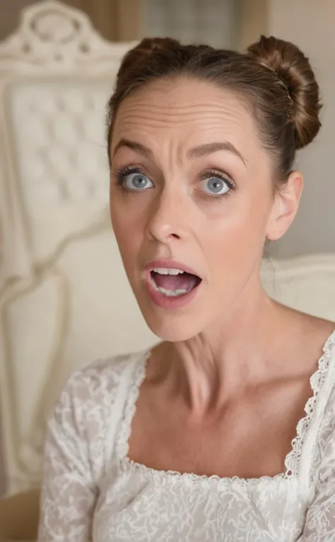 Mid Shot Photo, Imperfect, beautiful mature woman, surprised look, surprised girl, detailed blue eyes, detailed iris, brunette hair in a bun, hyperdetailed photography, soft light, in the future, <lora:suprised_look:1> sitting in a chair looking towards the viewer gasping, in a mansion bedroom, perfect teeth,