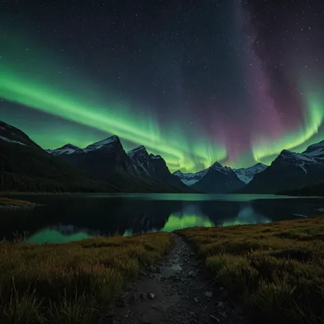 (landscape, dark night),
two mountains parted by a northern lights in a beauty night, lots of stars cover the sky with a soft bright, the ground reflect the scenery making a dream,
the ground is covered by a bast amount of native vegetation, trees can see on the sides,
Soft Lighting, Volumetric Lighting, Nightlight, (extremely detailed), (8k), (masterpiece), (realistic photography), (fog:0.2),
<lora:dark_weather:1> <lora:add-detail-xl:1>