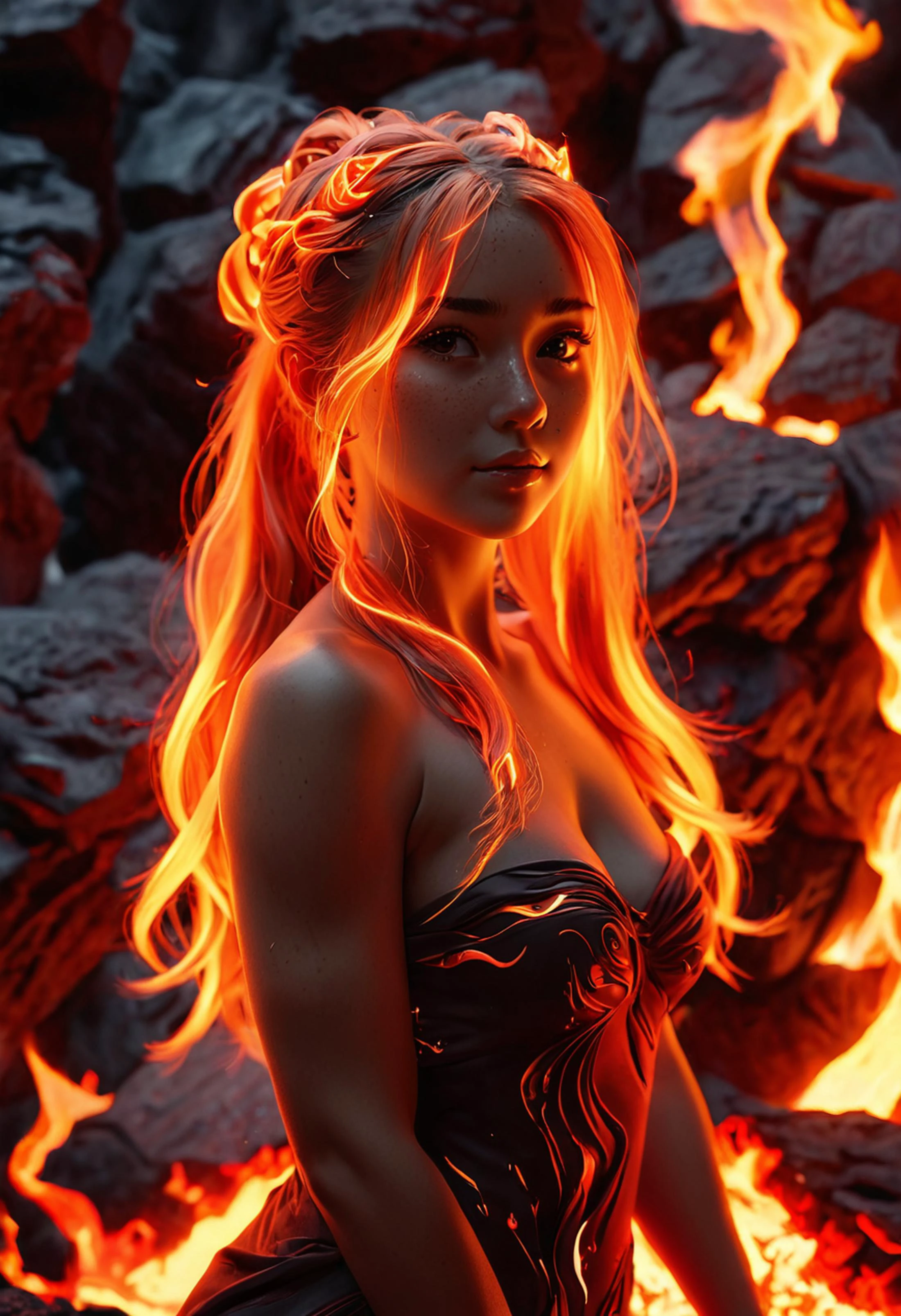 cinematic photo (fire_hair:1.9), 1woman, fire waifu, fire made tube dress, inside lava pool (relaxed), red eyes, cute eyes, lava flowing from her hands, full shoot shoot, realistic, professional photography, <lora:xl-shanbailing-1003fire:1> fire element, composed of fire elements <lora:glowing_hair:0.7> hrglw, <lora:long_hair:1>, Canon50, long length hair to hip, high <lora:add-detail-xl:1>, ponytail, wisps hair, (Raytracing), (real lighting:1.2), (realistic lighting:1.5), (real ilumination:1.2), (realistic ilumination:1.5), (shadows:1.2),(real shadows), (atmospheric light:1.2), 35mm photograph, film, bokeh, professional, 4k, highly detailed