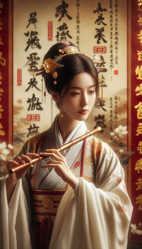 A hyper-realistic portrait focusing on a Chinese woman in ancient Hanfu attire,depicted with an emphasis on realism. She is correctly holding a flute horizontally,ensuring accurate representation. This vertical 9:16 aspect ratio painting captures the tranquility of classical Chinese art from the Song and Ming dynasties. The background includes golden calligraphy characters and red seals,set in a color palette rich with soft golds,whites,and deep reds. The scene blends traditional elements with modern hyper-realism,reminiscent of a 35mm film photograph with bokeh effects,highly detailed and vivid.,<lora:panmin_test02_v1.0:0.7>,<lora:beautiful_girl_ver2:0.1>,panmin,<lora:add-detail-xl:1>,<lora:xl_more_art-full_v1:0.4>,((closed mouth, )),<lora:fix_hands:1>,<lora:Perfect Hands v2:1>,Perfect Hands,