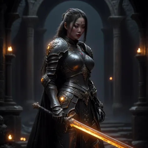 (full body shot:1.5), hero view, HD, masterpiece, best quality, hyper detailed, ultra detailed, super realistic, photograph, dark fantasy,(night time, dark night sky:1.2), gloomy,
chinese woman wearing epic glowing gunmetal black magic armor with gems, holding a glowing sword, (ponytail hair:1.0), (large breasts:1.5),long hair, (dark background:1.5), cavernous dark gloomy gothic castle hall background,
<lora:FantasyKnightsHKStyle:0.7> HKStyle,  <lora:fix_hands:1>  <lora:add-detail-xl:1>