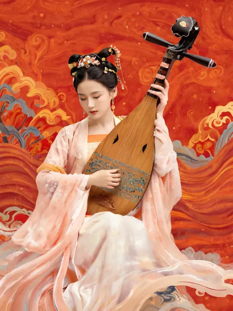 A hyper-realistic ink wash painting in a whimsical,playful style,featuring a Chinese woman in ancient Hanfu attire,playing the pipa. This vertical 9:16 aspect ratio painting captures the serenity of classical Chinese art from the Song and Ming dynasties. The landscape includes golden calligraphy characters and red seals,set in a color palette rich with soft golds,whites,and deep reds. The scene is dreamy and ethereal,blending traditional elements with next-gen realism,reminiscent of a 35mm film photograph with bokeh effects,highly detailed and colorful.,<lora:panmin_test02_v1.0:0.7>,<lora:beautiful_girl_ver2:0.1>,panmin,<lora:add-detail-xl:1>,<lora:xl_more_art-full_v1:0.4>,((closed mouth, )),<lora:fix_hands:1>,<lora:Perfect Hands v2:1>,Perfect Hands,