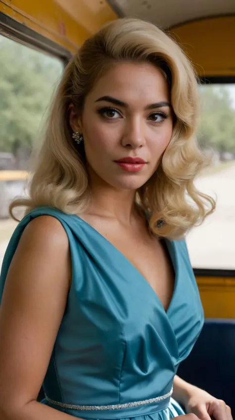 1girl, female, latin|mexican blonde, solo, looking at viewer,
in a beat up school bus, wearing gown, 1960s, vintage, mature female
<lora:fix_hands:1>
<lora:repair_slider:1>