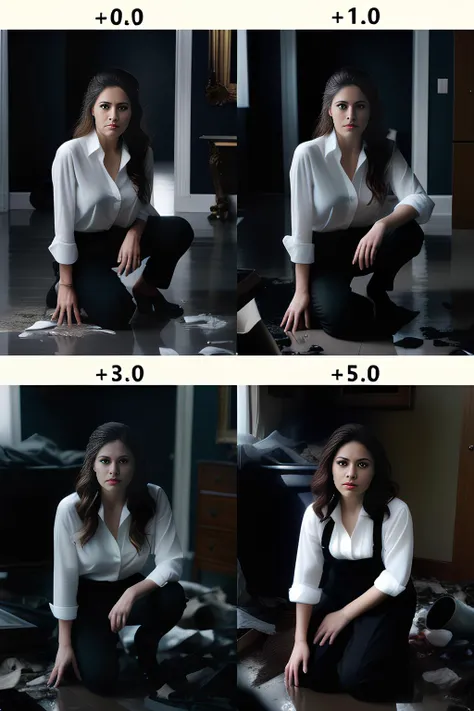 a portrait of a woman looking at the camera woman kneeling in a liminal room with clutter on the floor wearing a white blouse and black slacks, realistic, photograph, 4k, <lora:SashaXL:1> <lora:cluttered_room:1>