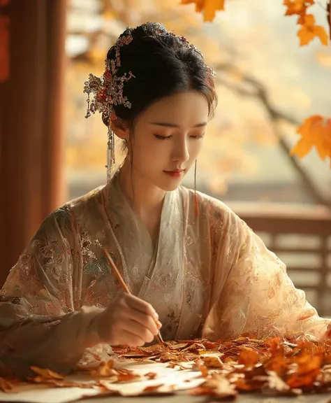 The image portrays a chinese woman adorned in an ancient Chinese style of clothing,characterized by its delicate and sheer fabric. She is seated at a wooden table,holding a brush poised over a sheet of paper scattered with autumn leaves. Her attire is complemented by an intricate hair accessory that adds elegance to her overall appearance. The warm lighting casts gentle shadows on her face,emphasizing the contemplative expression in her eyes.,<lora:beautiful_girl_ver2:0.1>,<lora:panmin_test02_v1.0:0.8>,panmin,<lora:fix_hands:1>,<lora:Perfect Hands v2:1>,Perfect Hands,closed eyes,