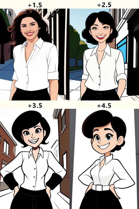 a dark haired white woman with nice teeth in street wearing a white blouse and black slacks looking at camera <lora:SashaXL:1> <lora:pixar_style:1>