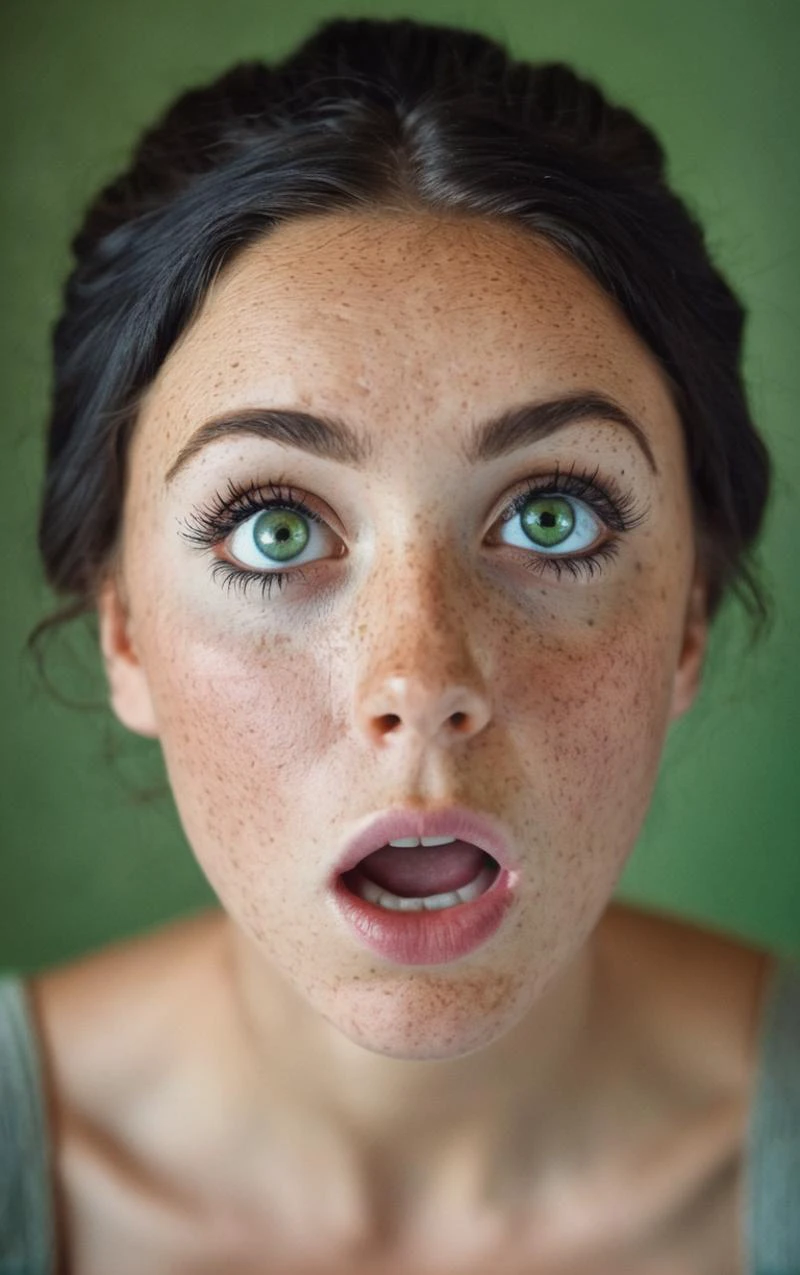 Mid Shot Photo, Imperfect, beautiful lady, (freckles), surprised look, surprised girl, detailed green eyes, detailed iris, black hair in a bun, hyperdetailed photography, soft light, in the future, <lora:suprised_look:1> sitting in a chair looking towards the viewer gasping,