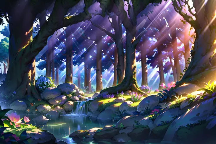 Game illustration, nature, forest, tree, scenery, bug, no humans, outdoors, butterfly, sunlight, water, light rays, flower, grass, moss, day, sunbeam, plant, rock <lora:CG :1>