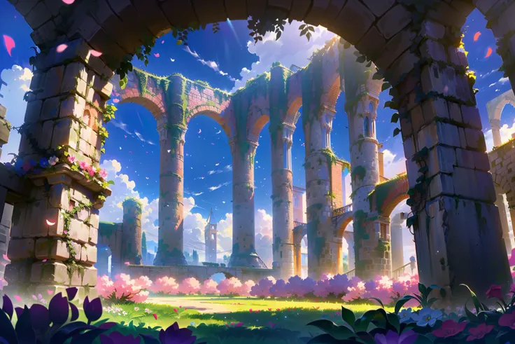 Game illustration, scenery, sky, no humans, cloud, day, arch, flower, petals, outdoors, pillar, fantasy, blue sky, ruins, building, vines <lora:CG :1>